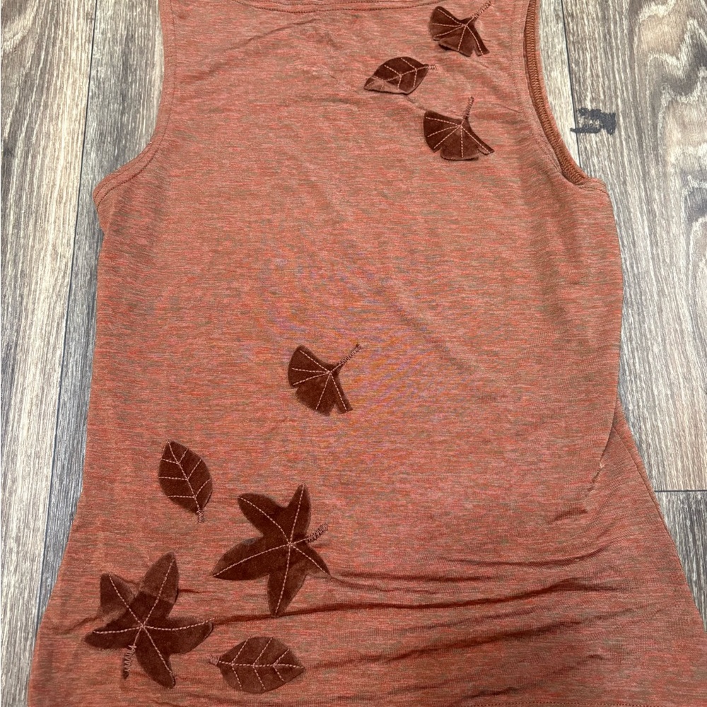 Rust Sleeveless Muscle Tee with Leaf Accents